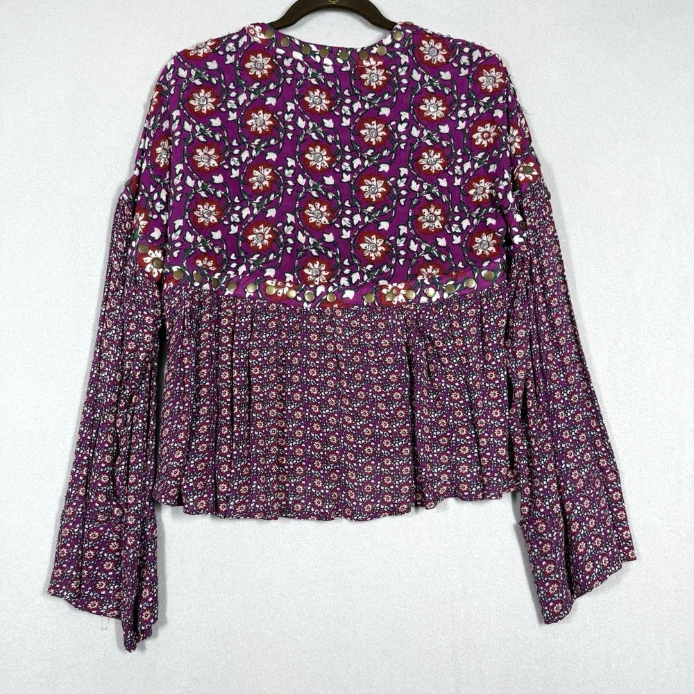 Free People Top Womens XS Malia Babydoll Jacket Embellished Floral Tie Front NWT